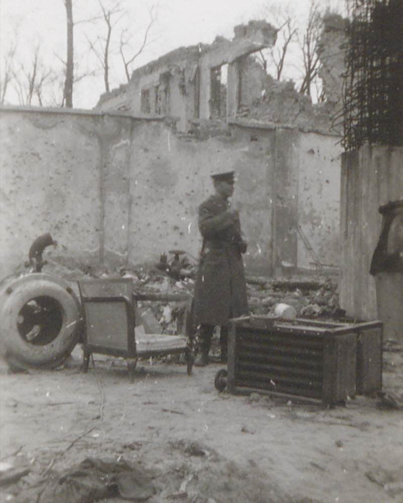 A Soviet soldier guarding the entrance to Hitler's bunker in central Berlin, April 1945