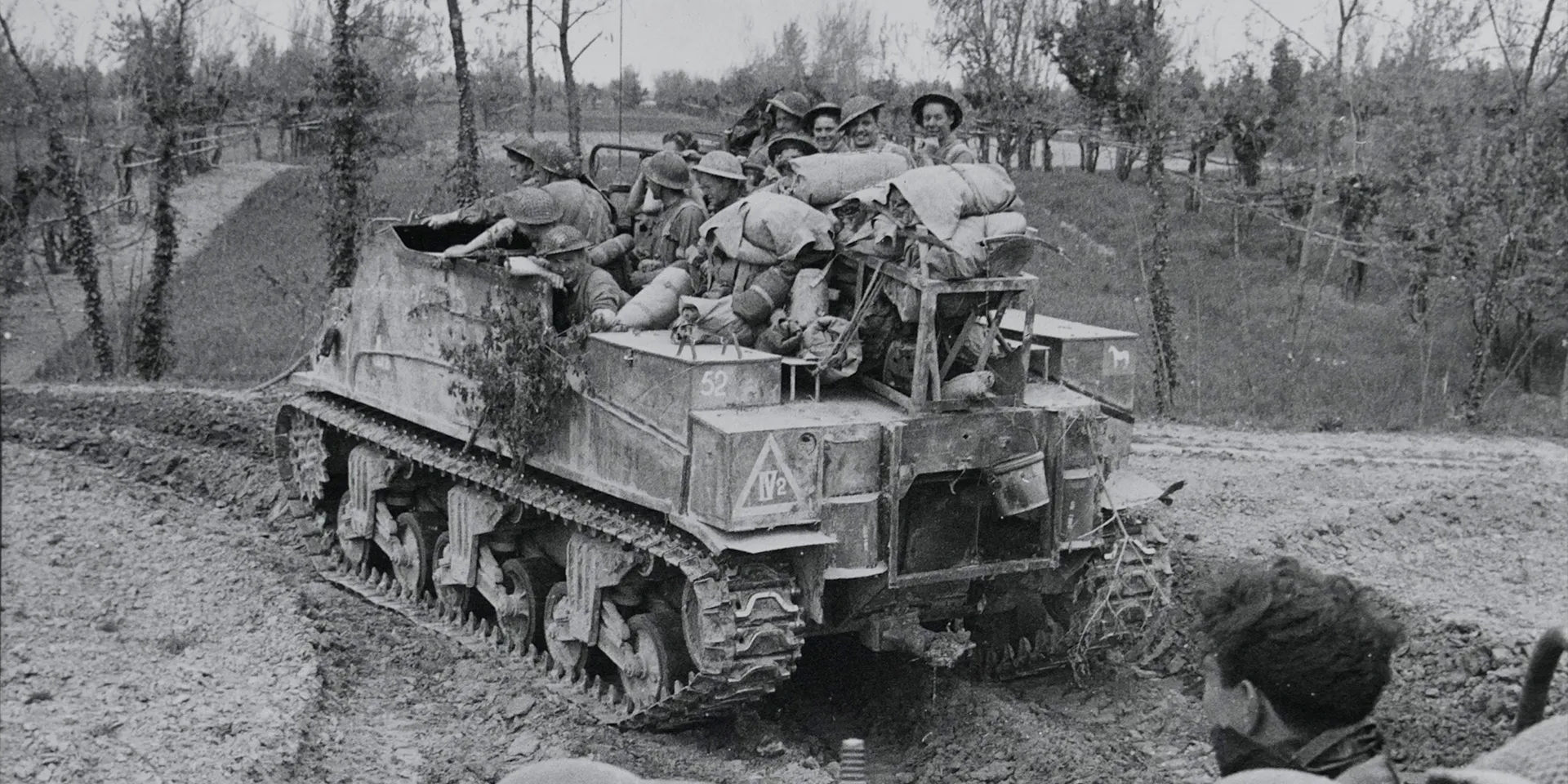 'Kangaroo' carrying infantry into battle near the village of Conselice, Italy, April 1945